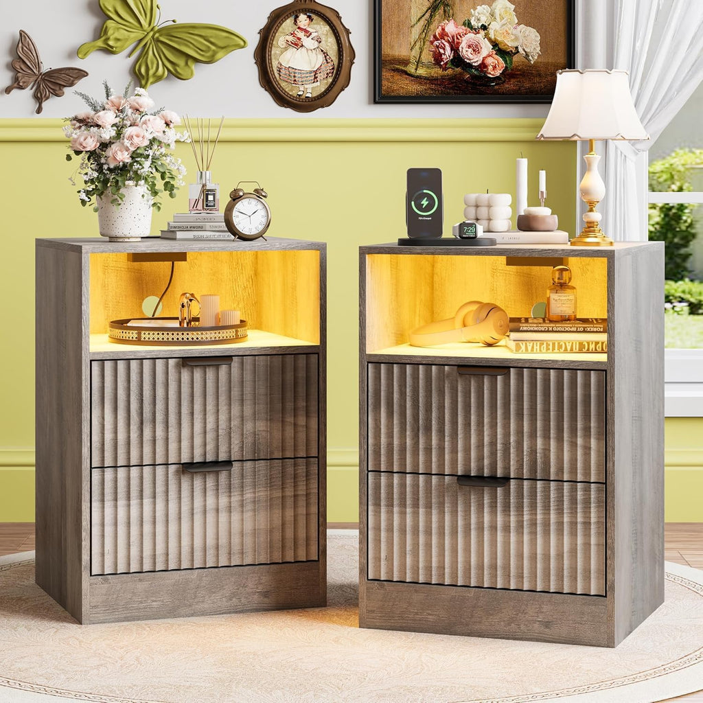 Night Stand Set 2, LED Night Stand with Charging Station, Wood Side Table, Fluted Nightstands with 2 Drawers, End & Bedside Tables for Bedroom Sofa Office, Wood Gray