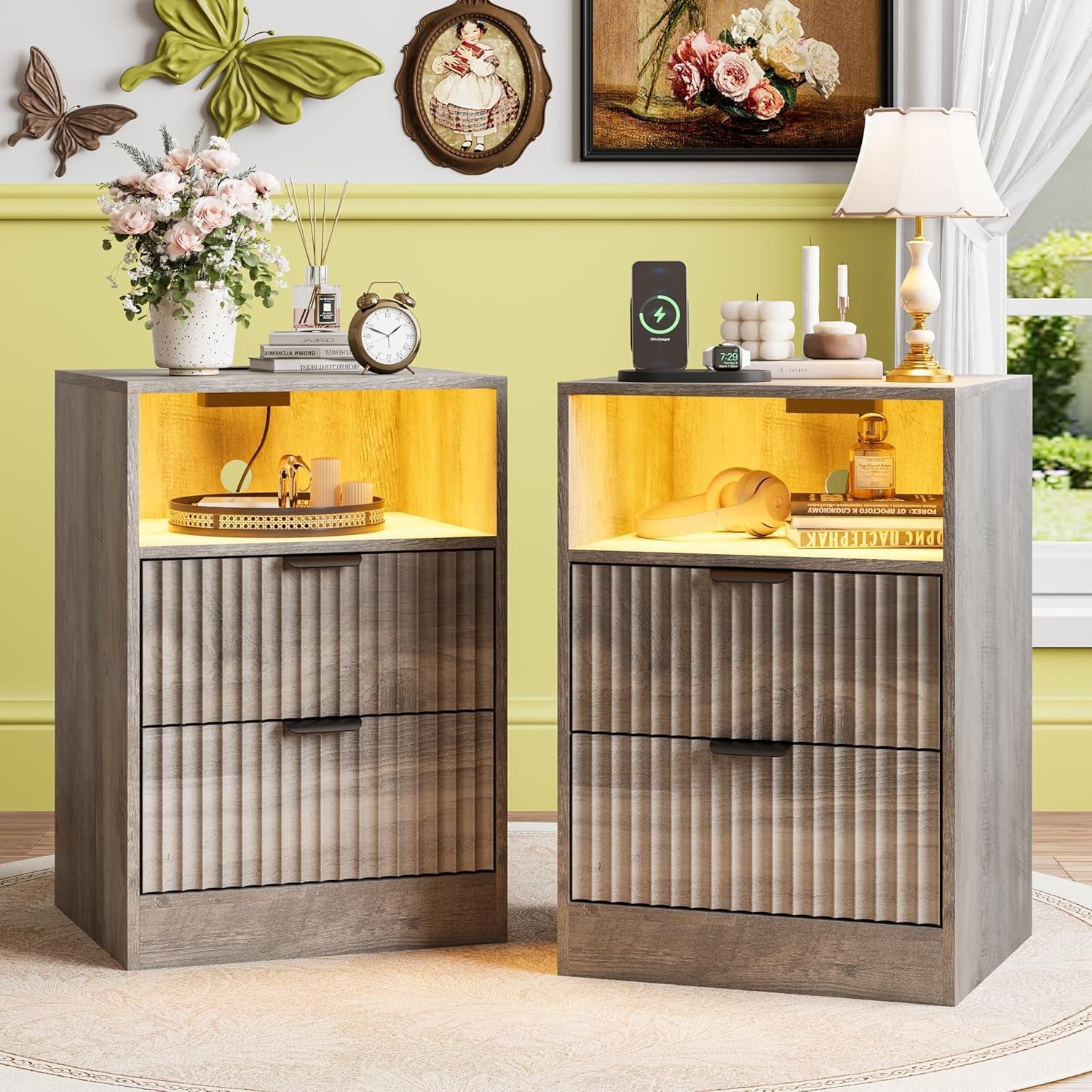 Night Stand Set 2, LED Night Stand with Charging Station, Wood Side Table, Fluted Nightstands with 2 Drawers, End & Bedside Tables for Bedroom Sofa Office, Wood Gray