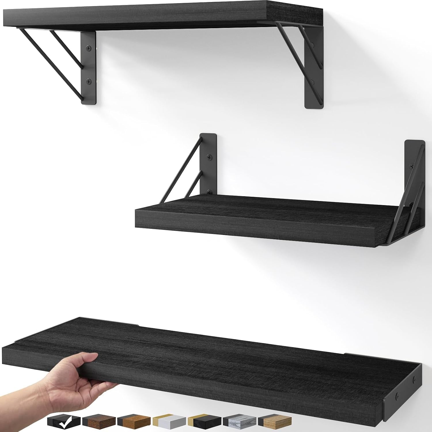 Wall Mounted Floating Shelves, Wood Floating Wall Shelf for Books & Decor, Small Space-Saving Display & Organizer（Black，Set of 3）