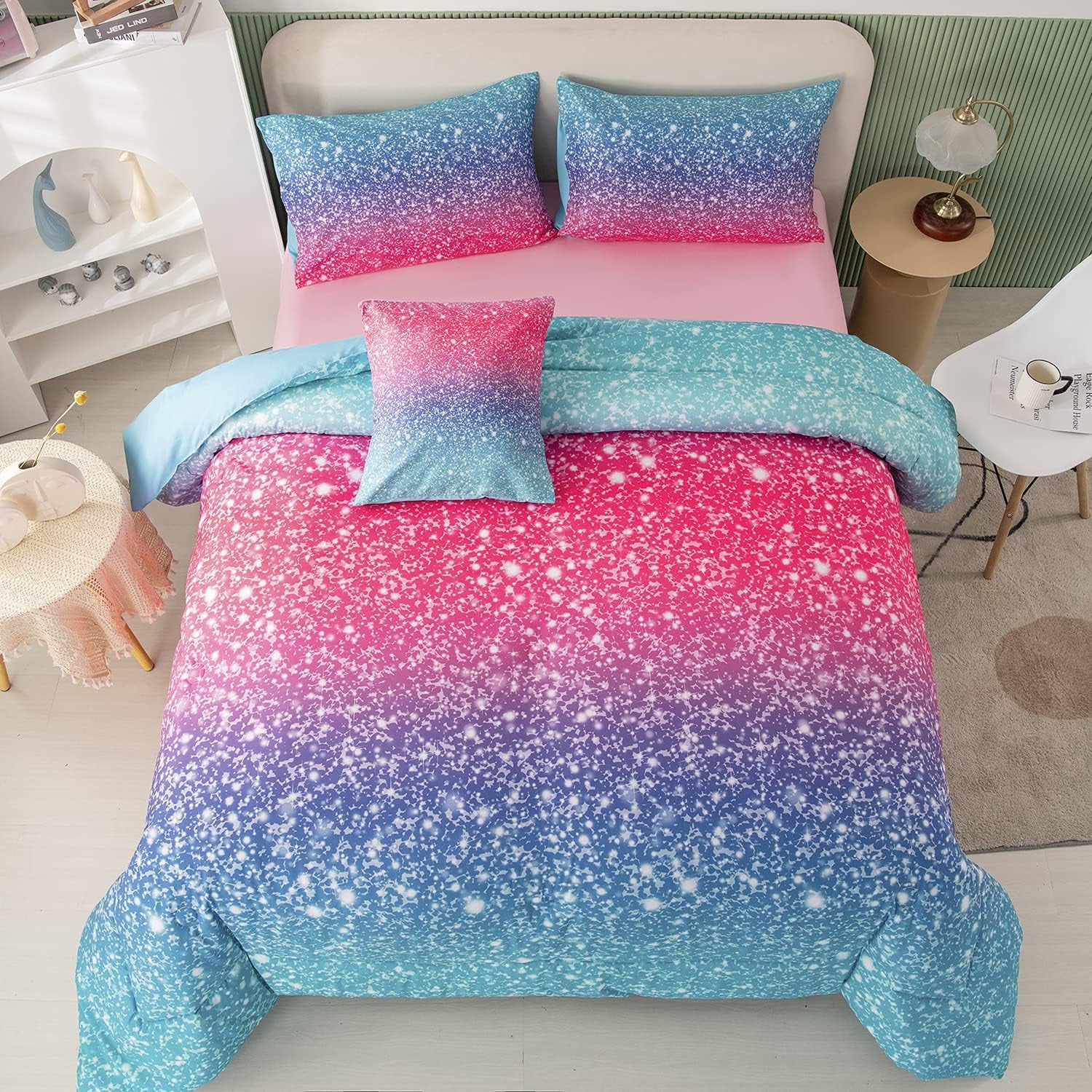 Girls Twin Size 6 Piece Bed in a Bag 3D Colorful Rainbow Bedding Comforter Sheet Set for Kids - (1 Comforter, 1 Flat Sheet, 1 Fitted Sheet, 2 Pillowcases, 1 Cushion Cover)