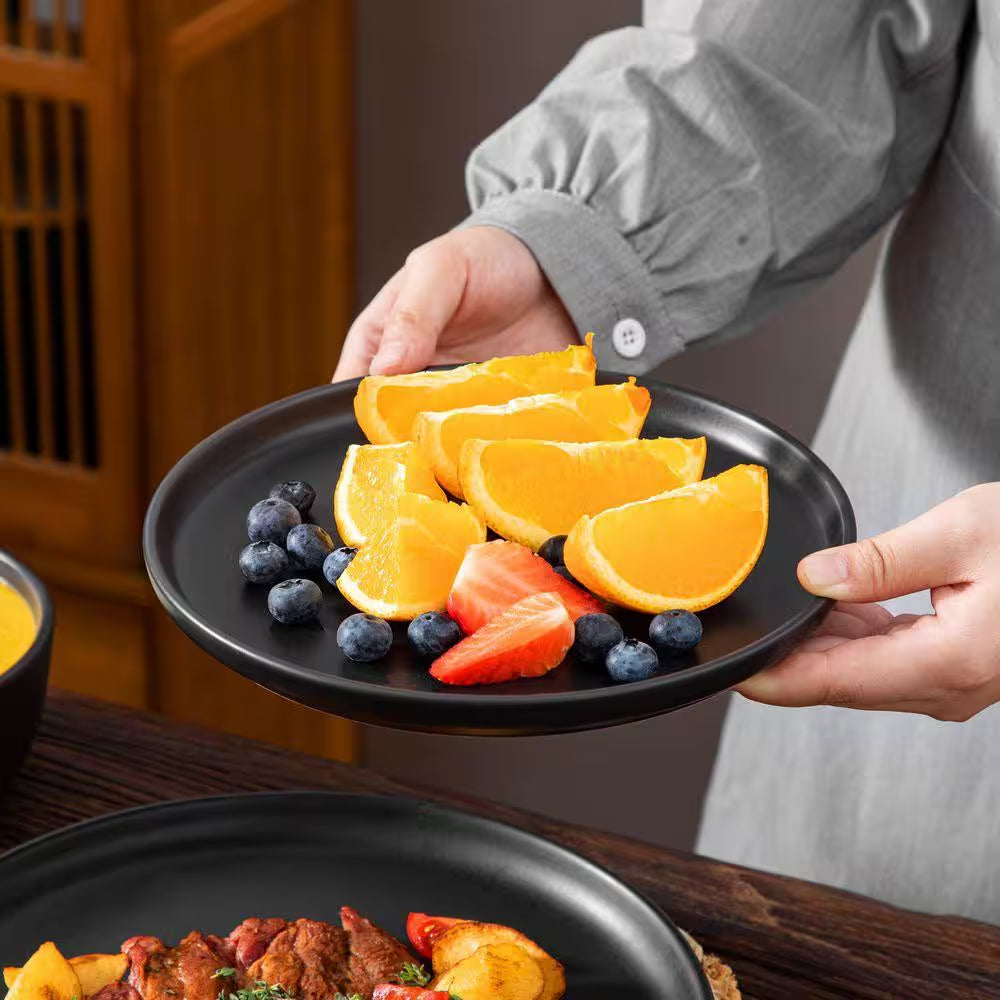 24-Piece Matte Black Stoneware Dinnerware Set Service for 6 Tableware Set Plates and Bowls Dinner Set