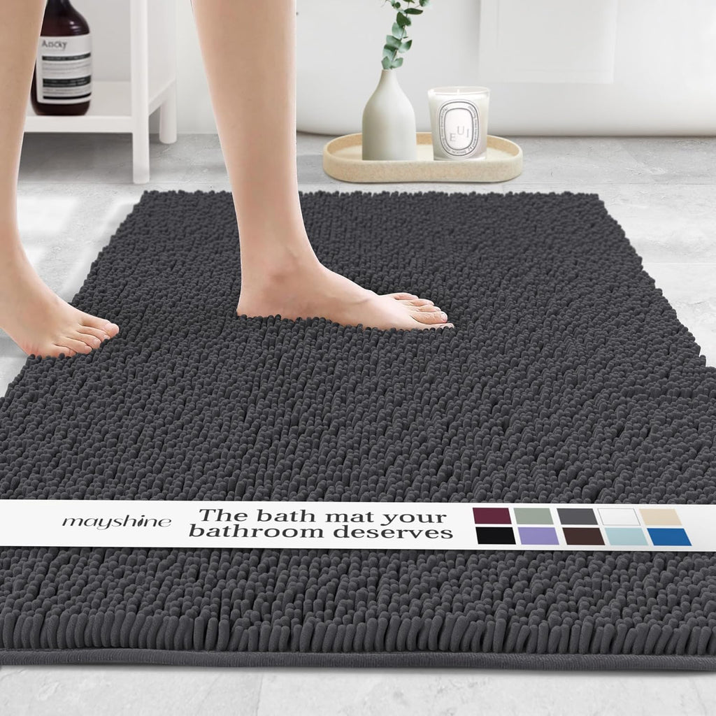 Plush Shaggy Chenille Bath Mat | Extra Soft, Super Absorbent, Non-Slip Bathroom Rug | Fluffy Microfiber, Area Rug Sets for Bathroom Floor, Kitchen, Living Room | 47"X27" | Charcoal Gray