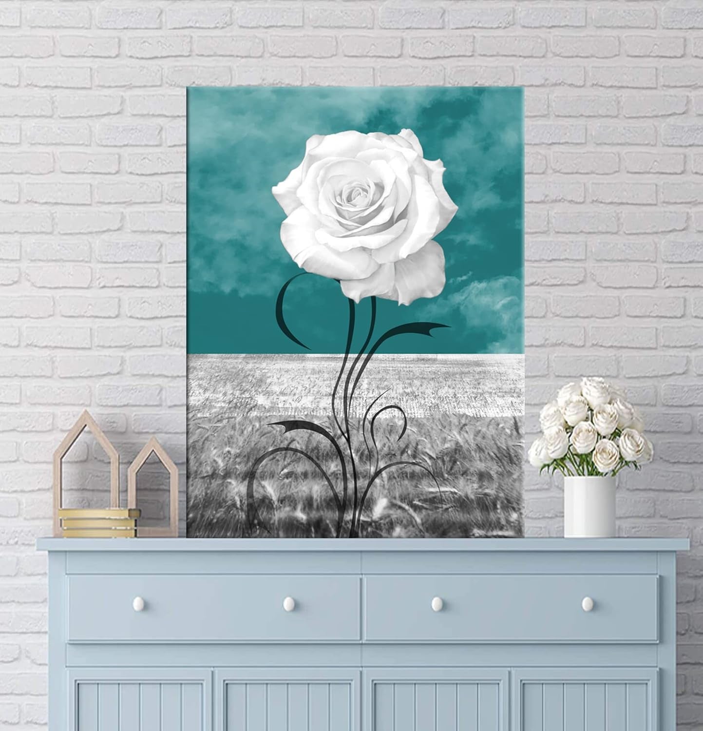 Wall Art Elegant White Flower Canvas Print White Rose Wall Art Abstract Art 1 Panel Picture for Bathroom Wall Decor Painting Wood Frame Stretched Easy to Hang (Rosewhite-12 * 16 * 1)