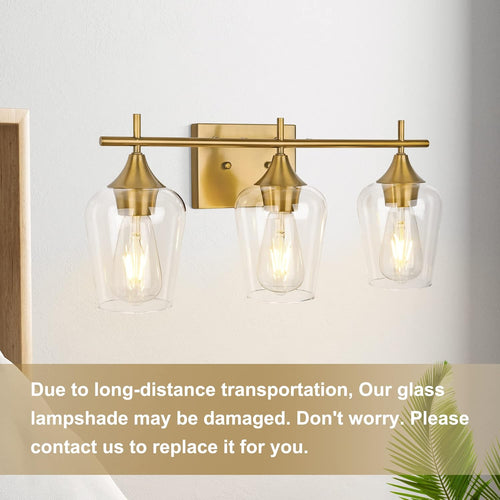 3-Light Gold Bathroom Light Fixtures, Brushed Brass Vanity Lights for Bathroom with Clear Glass Shade over Mirror for Bedroom Hallway Living Room