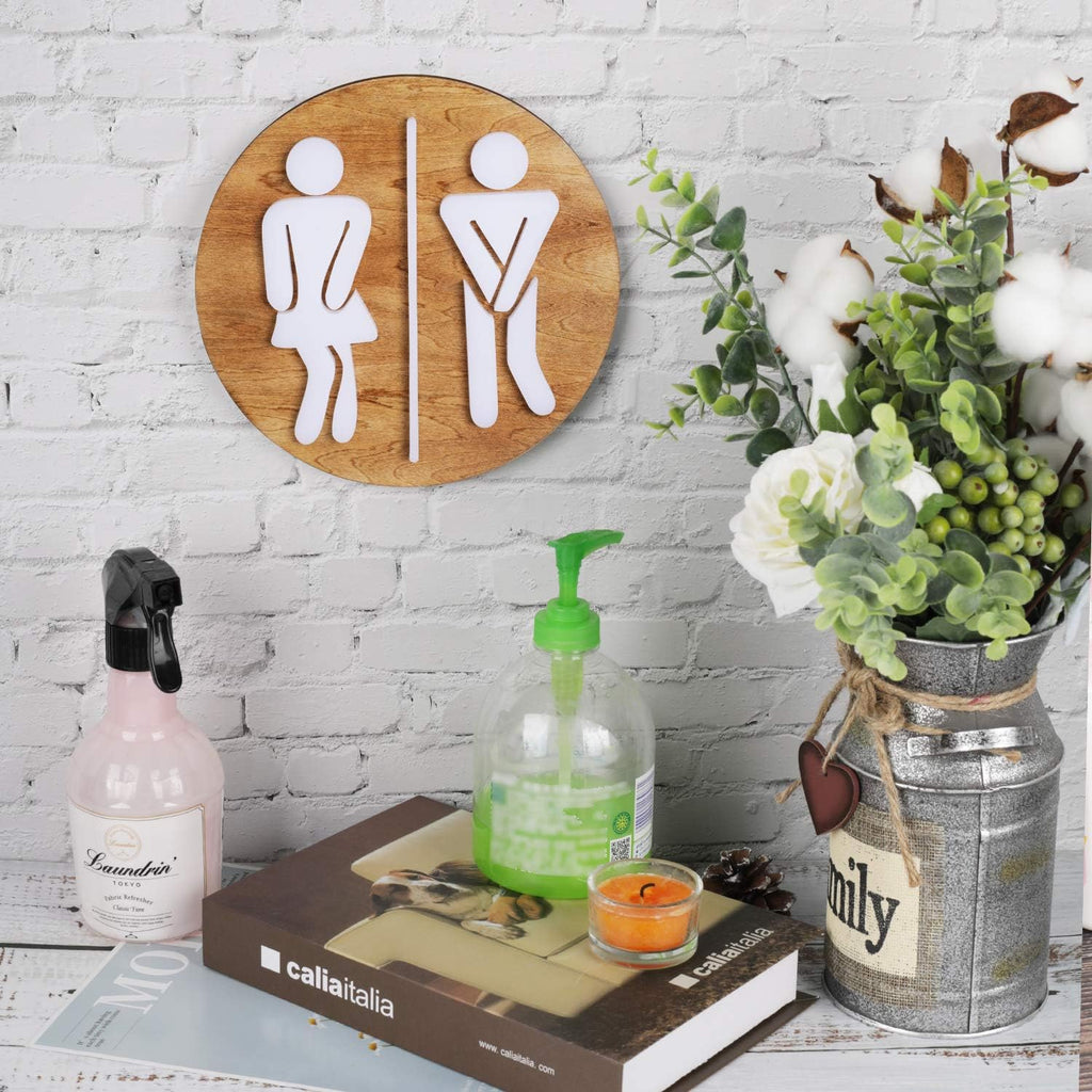 Unisex Bathroom Signs-Cute Bathroom Wall Decor-Funny Restroom Sign (Birch Brown)