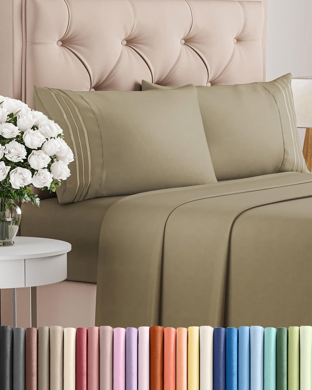 Queen Size 4 Piece Sheet Set - Comfy Breathable & Cooling Bed Sheets Set - Hotel Luxury Bedding for Women, Men, Kids, Teens, Boys & Girls - Deep Pockets, Ultra-Soft, Wrinkle Free - Oeko-Tex - Khaki