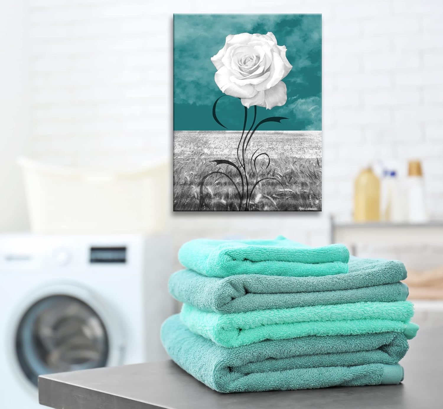 Wall Art Elegant White Flower Canvas Print White Rose Wall Art Abstract Art 1 Panel Picture for Bathroom Wall Decor Painting Wood Frame Stretched Easy to Hang (Rosewhite-12 * 16 * 1)