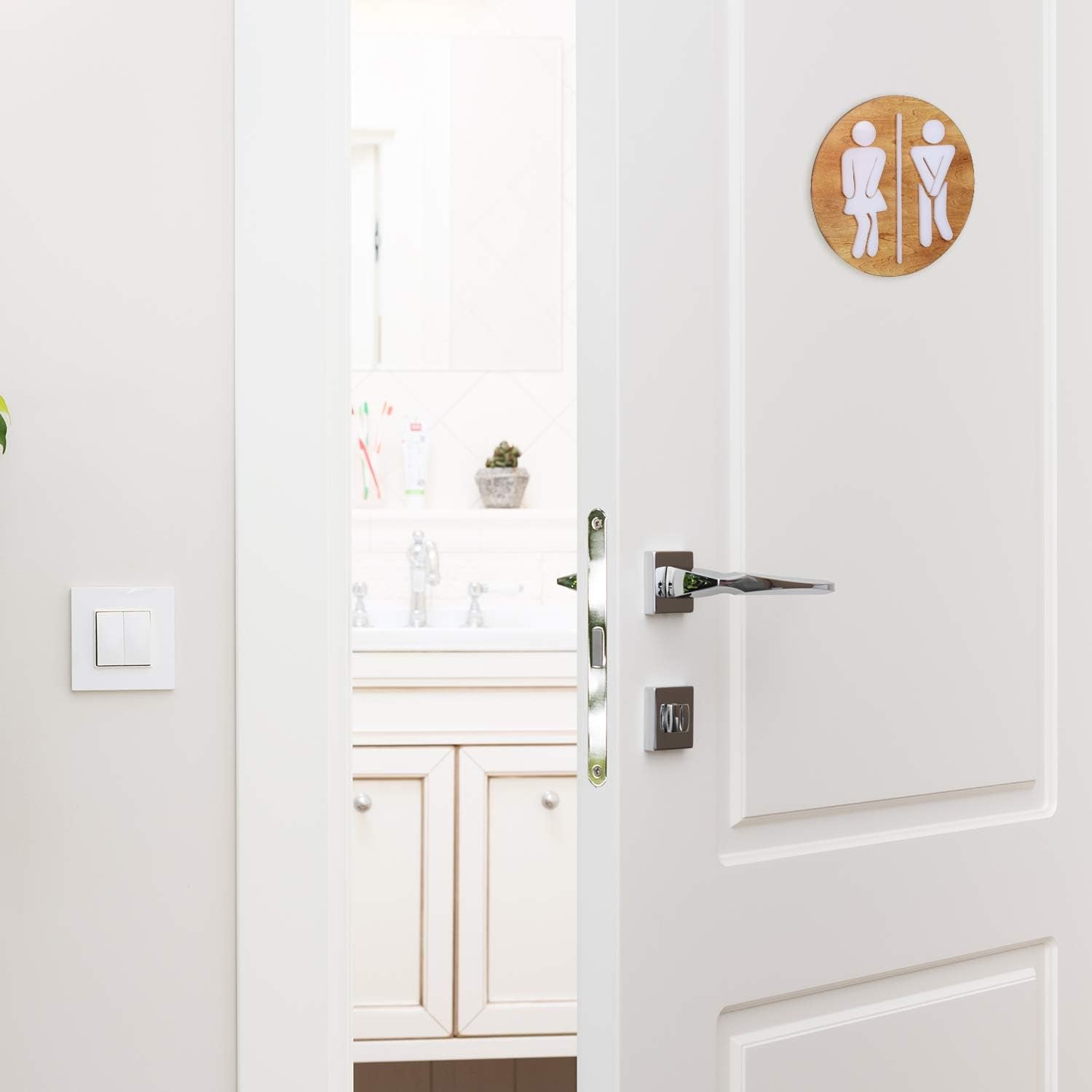 Unisex Bathroom Signs-Cute Bathroom Wall Decor-Funny Restroom Sign (Birch Brown)