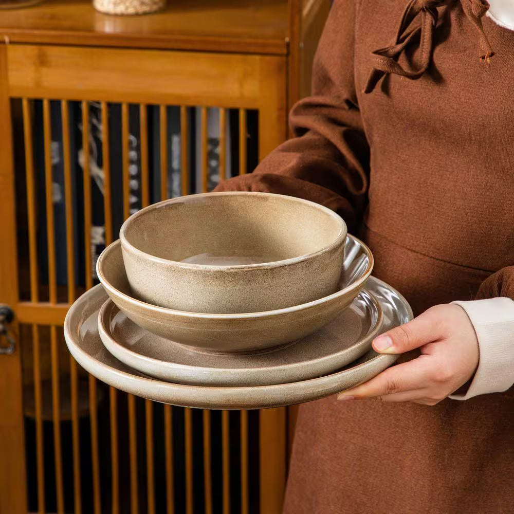16-Piece Brown Stoneware Dinnerware Set Service for 4 Tableware Bowls and Plates Dining Set Dishware Set