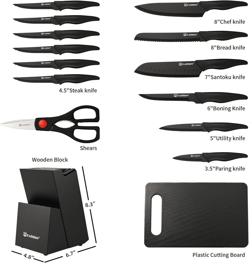 16 Pieces Kitchen Knife Block Set with Cutting Board, German Stainless Steel Knife Set with Sharpener, Dishwasher Safe, Anti-Slip Handle, 6 Steak Knives, Black