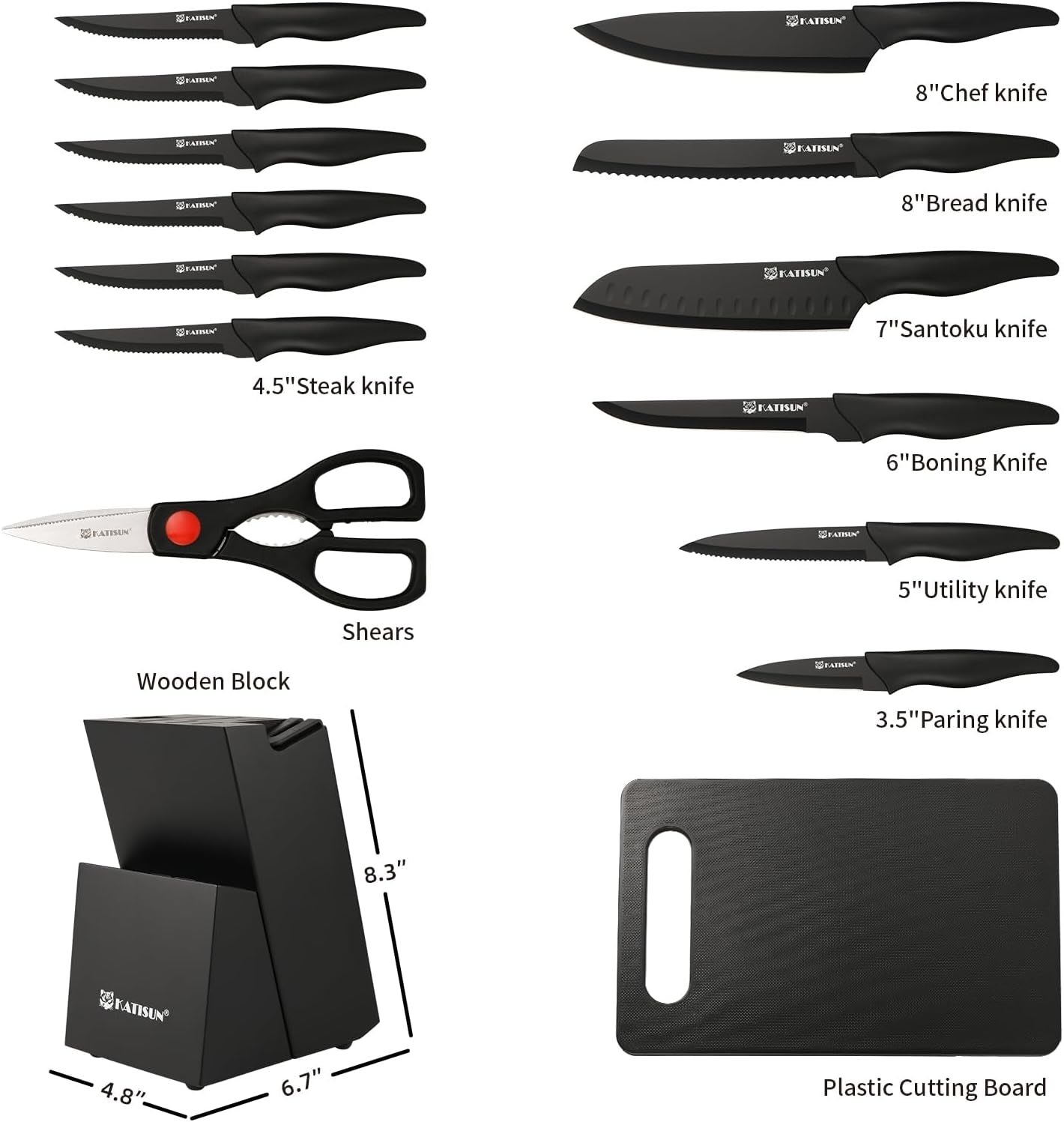 16 Pieces Kitchen Knife Block Set with Cutting Board, German Stainless Steel Knife Set with Sharpener, Dishwasher Safe, Anti-Slip Handle, 6 Steak Knives, Black
