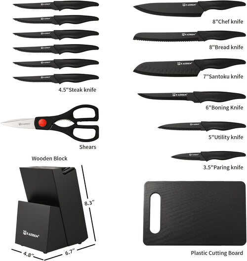 16 Pieces Kitchen Knife Block Set with Cutting Board, German Stainless Steel Knife Set with Sharpener, Dishwasher Safe, Anti-Slip Handle, 6 Steak Knives, Black