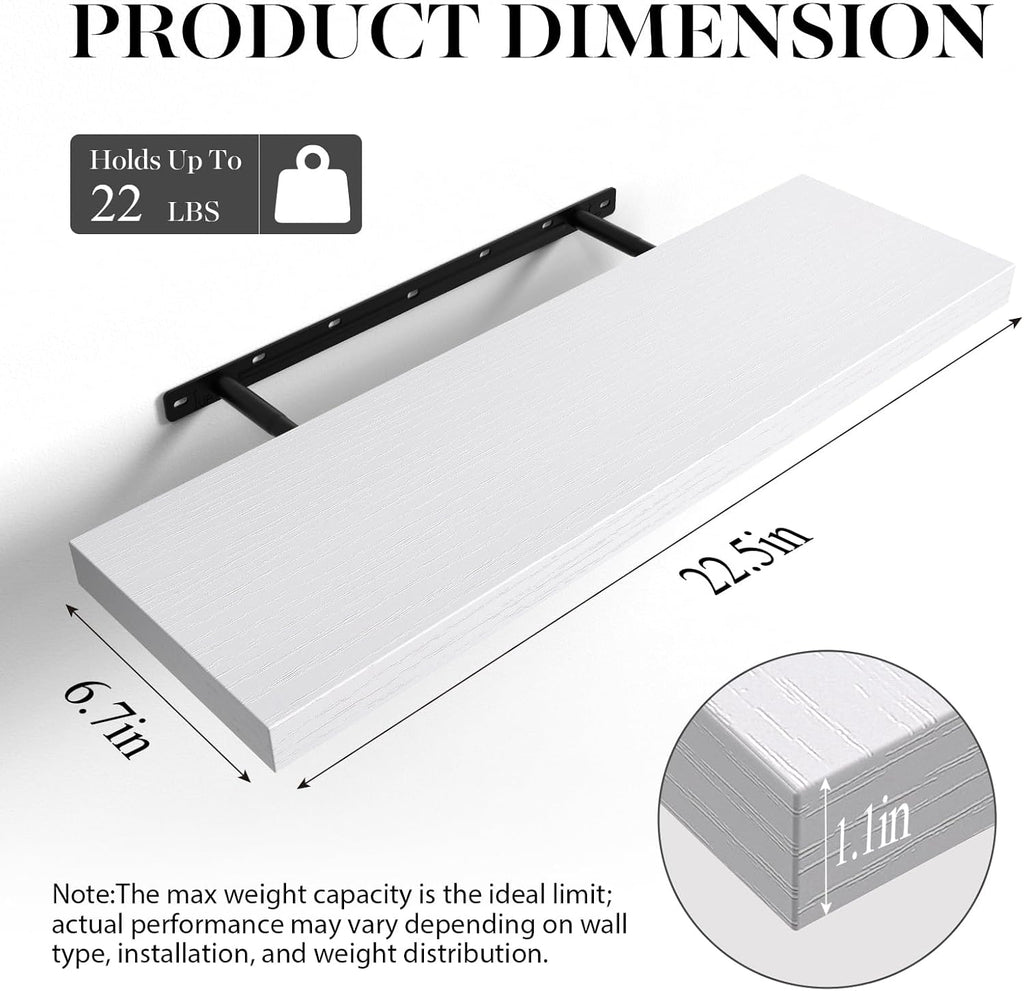 Floating Shelves White, 22.5 Inch Rustic Wood Wall Mounted Shelves for Bathroom, Bedroom, Living Room, Kitchen & Office, Hanging Shelf Deocr Display with 22 Lbs Capacity, Set of 2