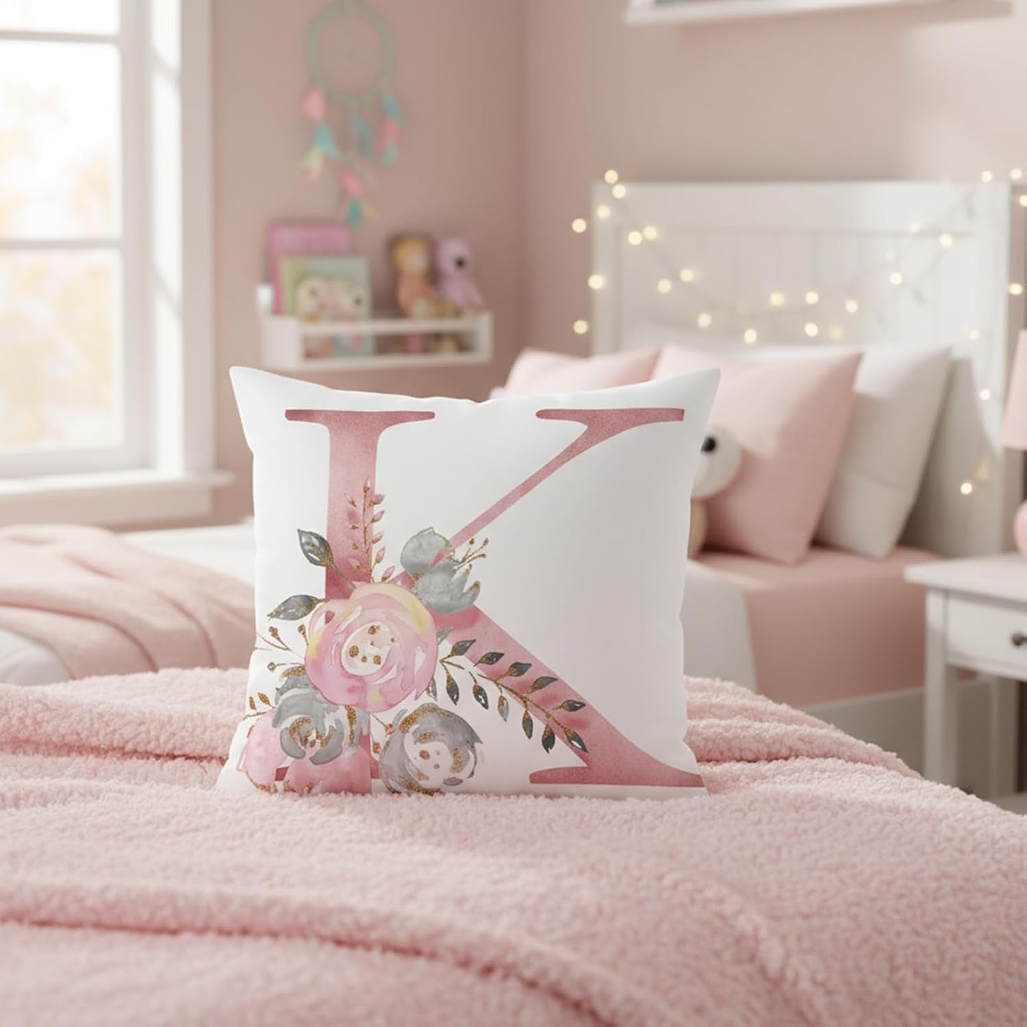 Throw Pillow Covers Decorative English Letters Floral Pillowcases Velvet Soft Cushion Cover White Pillow Protectors for Sofa Bedding Car and Home Decor (E)