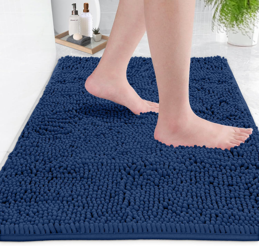 2 Piece Bathroom Rug Set - Premium Plush Bath Mat Shower Rugs, 1" Chenille Microfiber, Non-Slip & Absorbent, Soft & Cozy, Durable Stylish (20X30 & 16X24 Inches, Blue)
