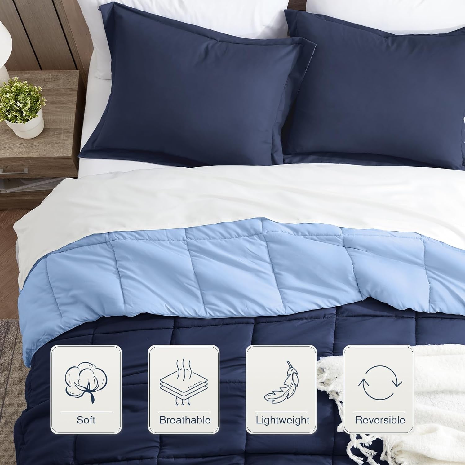 Queen Comforter Set, Navy Blue Bedding Comforters Queen Size, 3 Pieces down Alternative Bed Comforter Lightweight, Soft Quilted Bed Set Breathable, Reversible All Season Bedding Sets