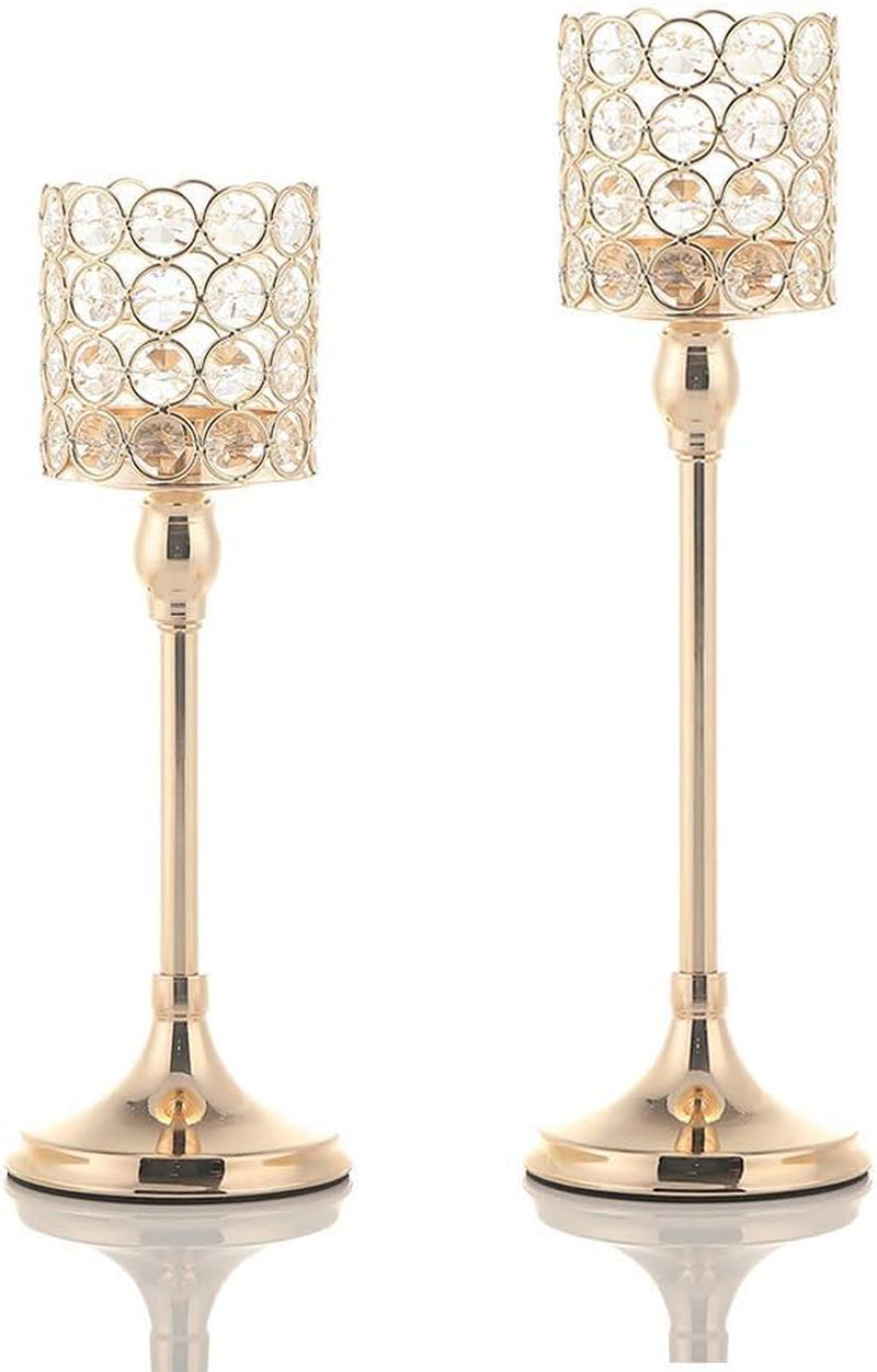 2 PCS Crystal Gold Candle Holders for Home Modern Decor/Wedding Table Centerpieces,Anniversary Celebration Gifts,12 and 14 Inches Tall