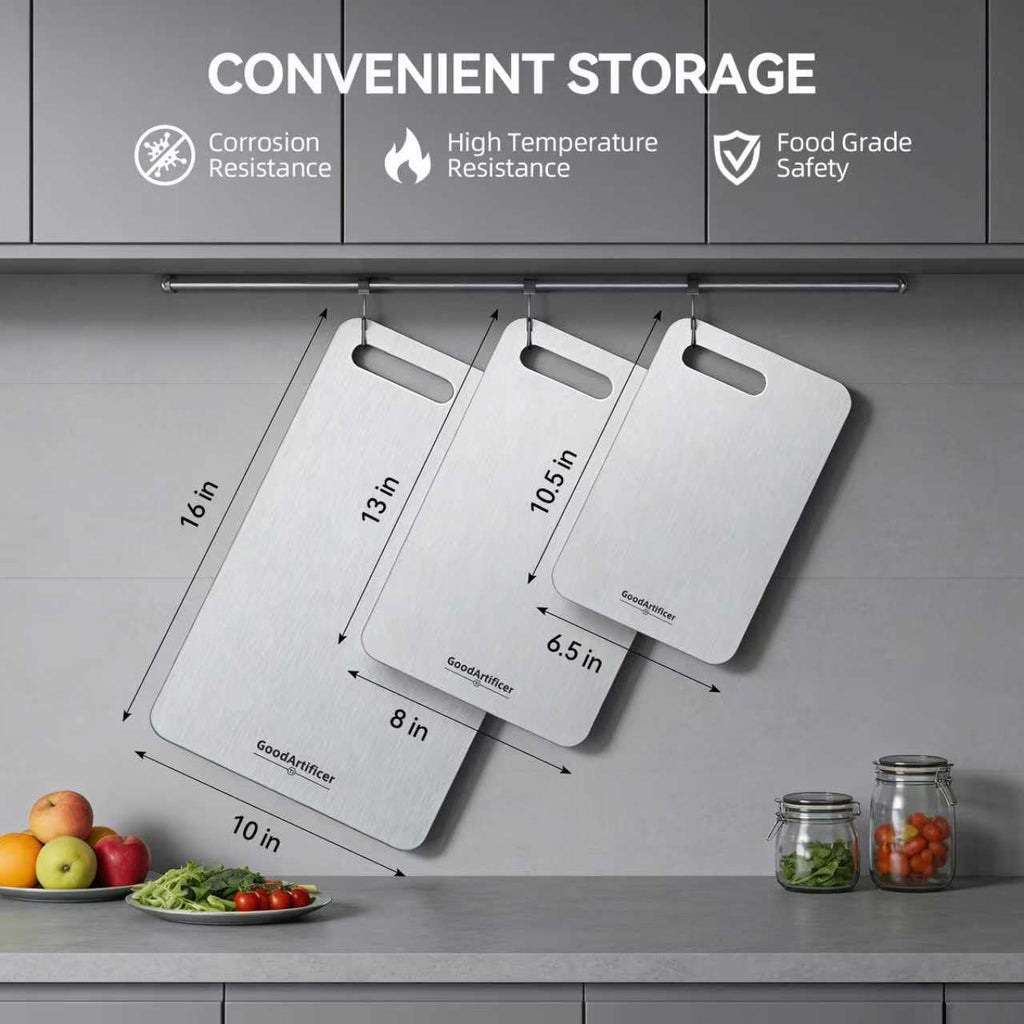 Titanium Cutting Boards Set of 3, 100% Pure Titanium Kitchen Cutting Board, Double-Sided Non-Toxic Cutting Board, Ideal for Slicing and Dicing Meats, Features Handle, Dishwasher Safe