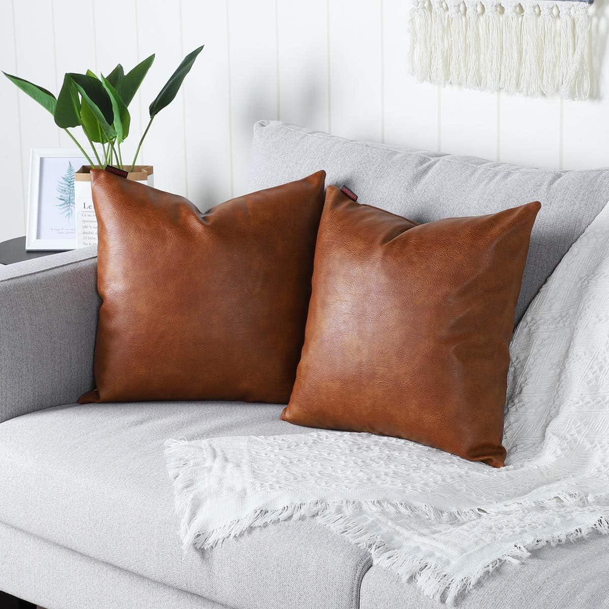 Set of 2 Faux Leather Decorative Throw Pillow Covers Modern Solid Outdoor Cushion Cases Luxury Pillowcases for Couch Sofa Bed 22X22 Inches Brown