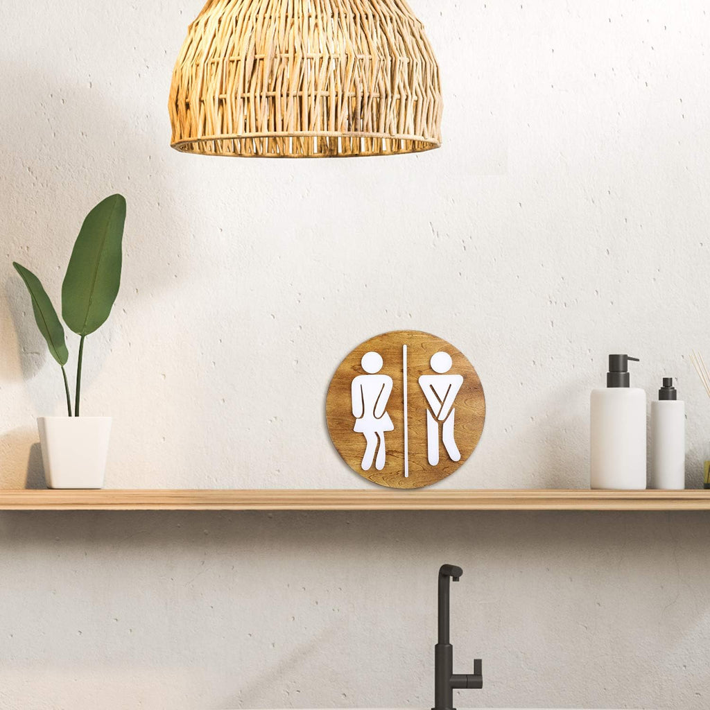 Unisex Bathroom Signs-Cute Bathroom Wall Decor-Funny Restroom Sign (Birch Brown)