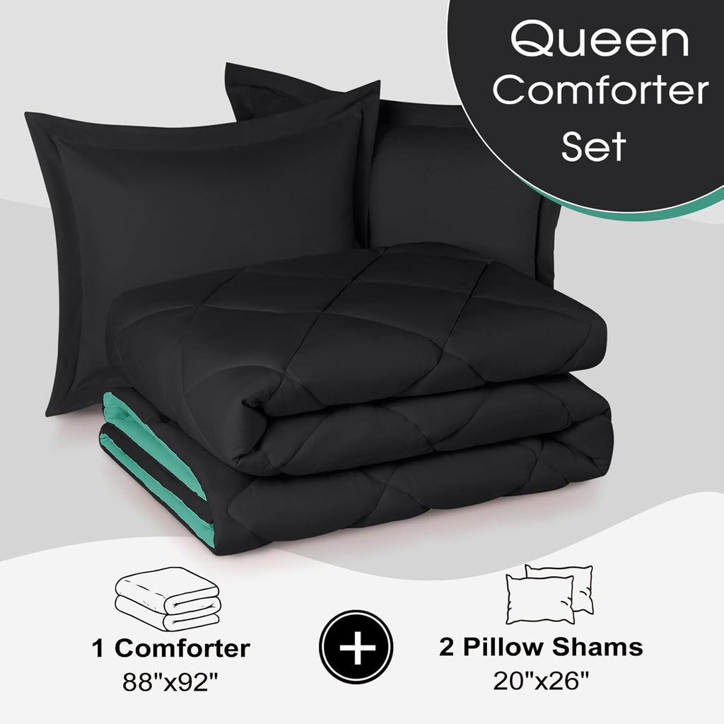 Queen Comforter Set - Green Comforter Set Queen, Reversible Bed Comforter Queen Set for All Seasons, Black/Mint Leaf, 1 Comforter (88"X92") and 2 Pillow Shams (20"X26"+2")
