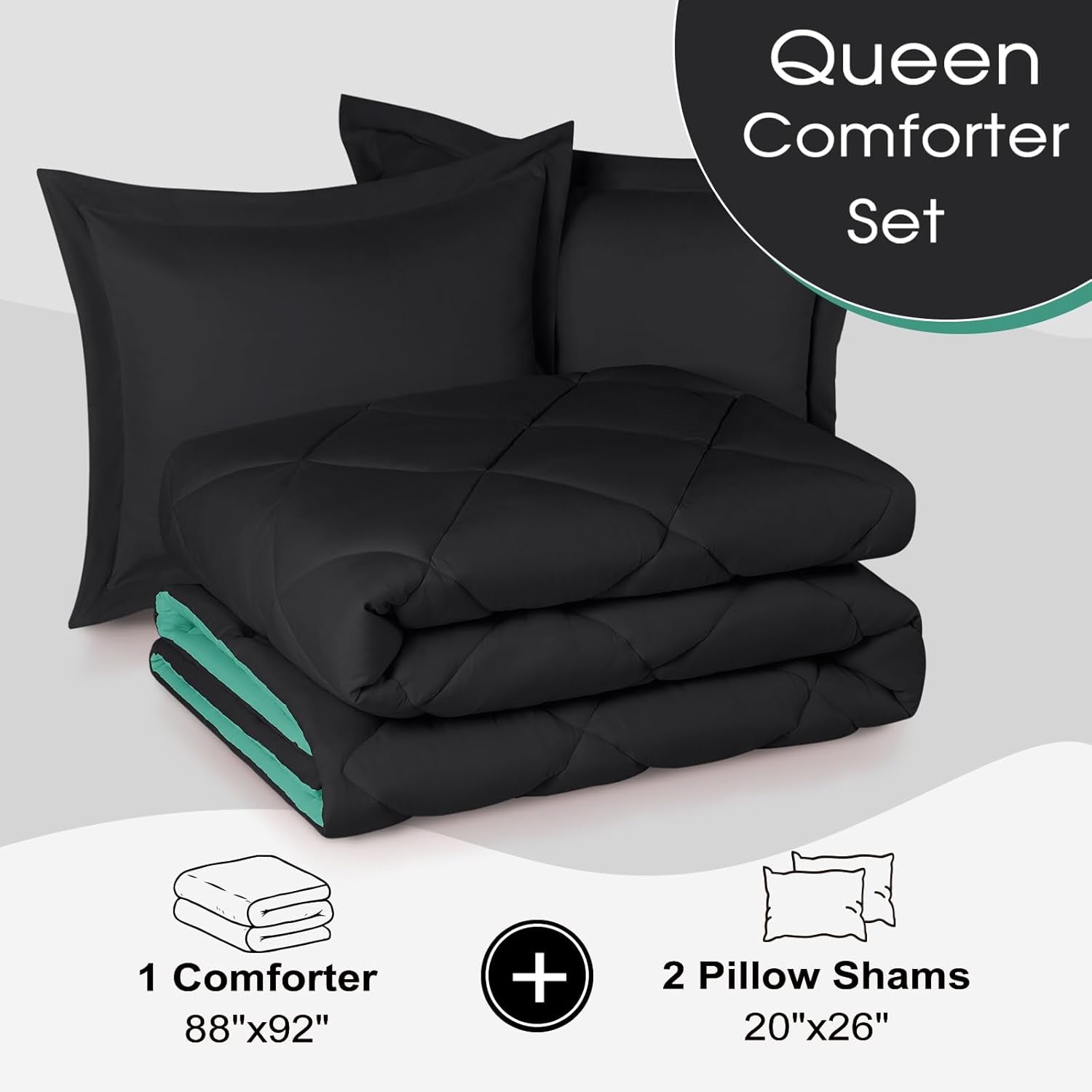 Queen Comforter Set - Green Comforter Set Queen, Reversible Bed Comforter Queen Set for All Seasons, Black/Mint Leaf, 1 Comforter (88"X92") and 2 Pillow Shams (20"X26"+2")