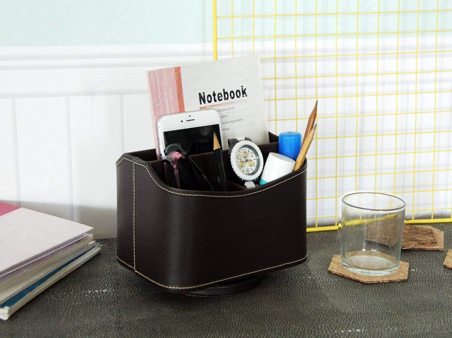 Spinning Remote Control Holder, Remote Controller Holder, Remote Caddy, Media Storage Organizer, Spinning Remote Control Organizer, 7.3X 5.5 X 6 Inches, Brown PU Leather