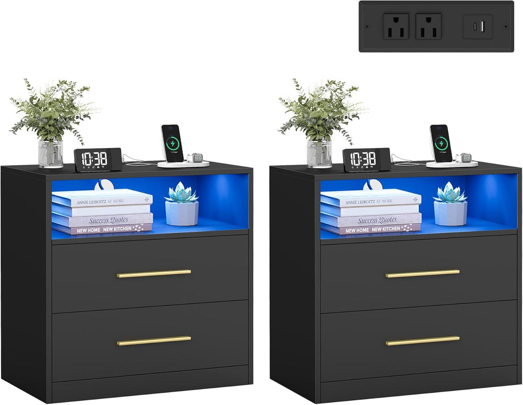 Custos Collection - Set of 2, 23.6 Inch Wide Nightstands with Charging Station, LED Lights, Modern Night Stands, Side End Tables with Drawers, Open Shelf, 2 AC Outlets USB Ports, Ink Black