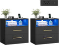 Custos Collection - Set of 2, 23.6 Inch Wide Nightstands with Charging Station, LED Lights, Modern Night Stands, Side End Tables with Drawers, Open Shelf, 2 AC Outlets USB Ports, Ink Black