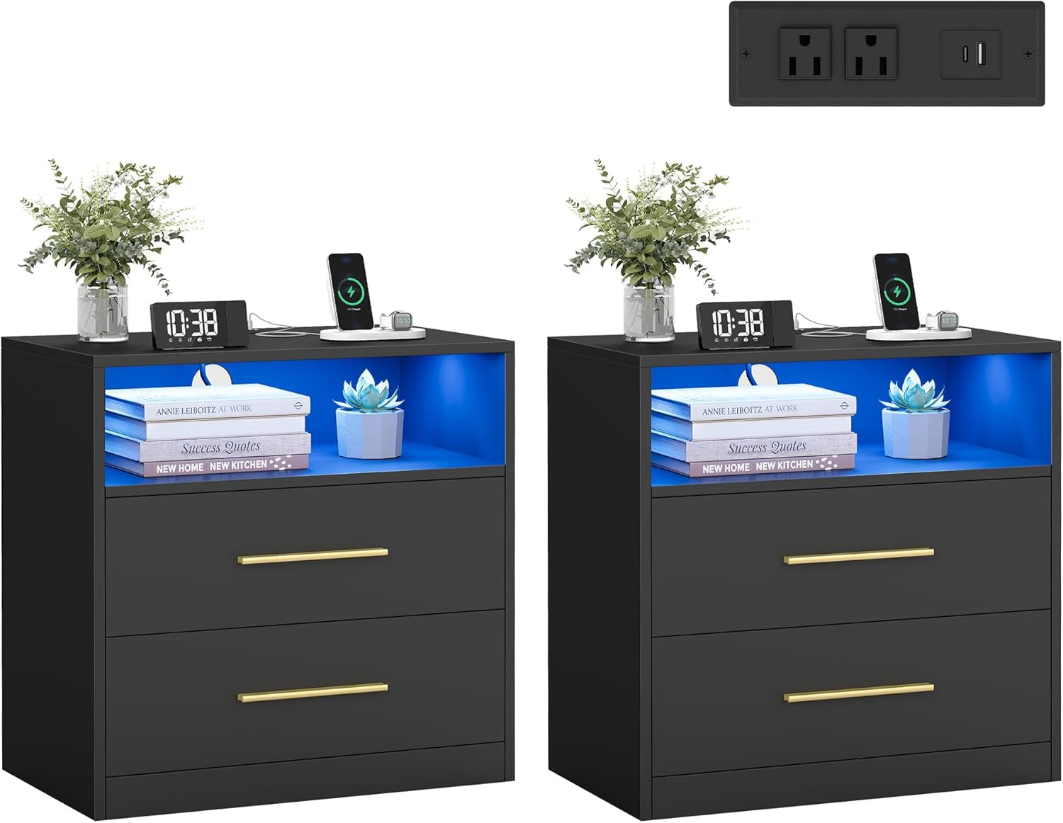 Custos Collection - Set of 2, 23.6 Inch Wide Nightstands with Charging Station, LED Lights, Modern Night Stands, Side End Tables with Drawers, Open Shelf, 2 AC Outlets USB Ports, Ink Black
