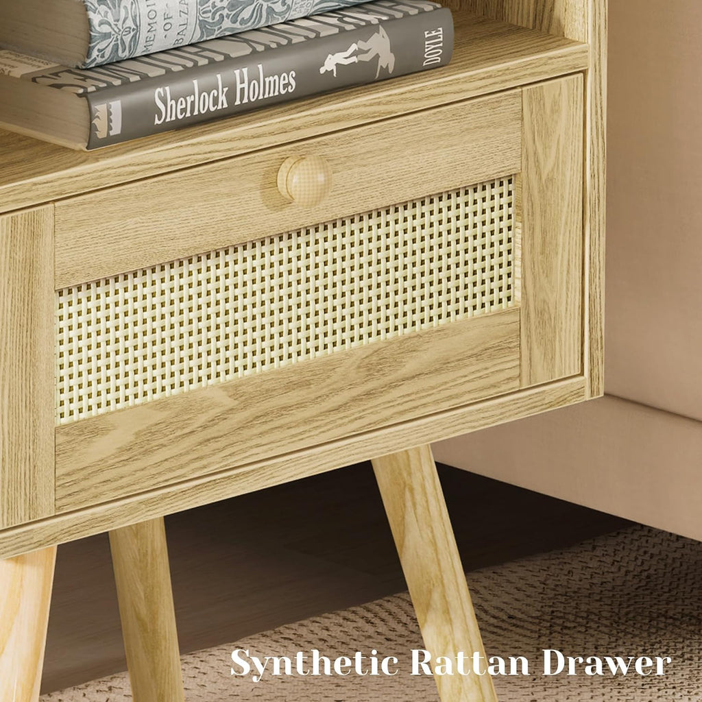Nightstands Set of 2, Night Stands with Charging Station & PE Rattan Decor Drawer, Bed Side Tables with Solid Wood Feet, End Table, for Bedroom, Living Room - Natural