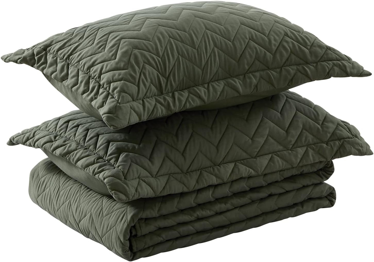 Queen Quilt Set Lightweight Bedspreads Soft Microfiber Reversible Quilted Bed Cover Olive Green Modern Style Polyline Pattern Bedding Set for All Season 3 Pieces (1 Quilt, 2 Pillow Shams)
