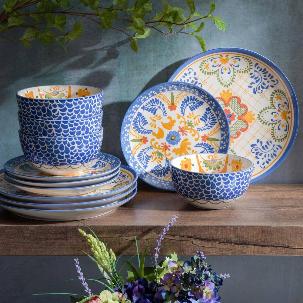 Tierra Tile 12-Piece round Stoneware Dinnerware Set in Blue Assorted Designs Service Set for 4