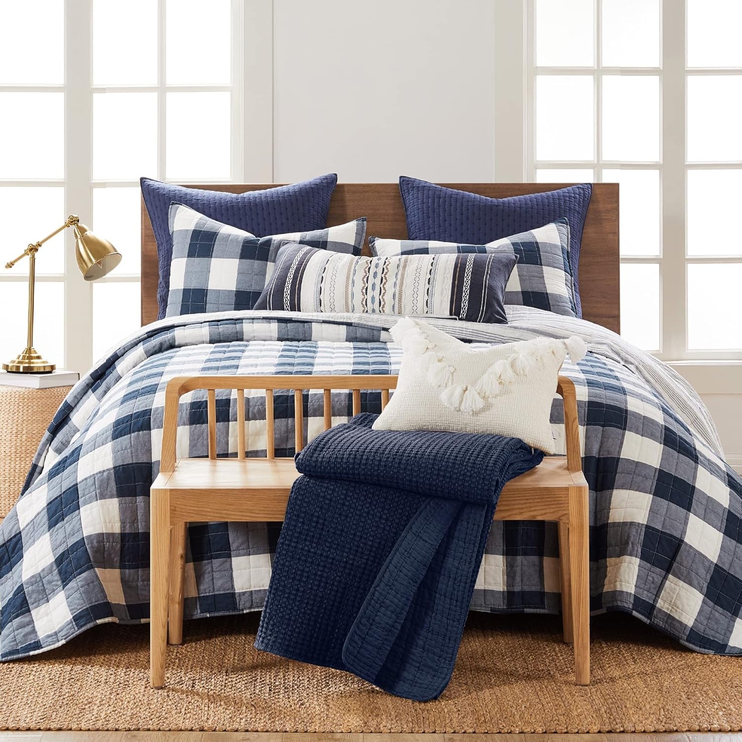 - Camden Bedspread Set - Queen Bedspread (110 X 118 In.) + Two Standard Pillow Shams (26 X 20 In.) - Buffalo Check in Navy and Cream - Reversible Pattern - Cotton