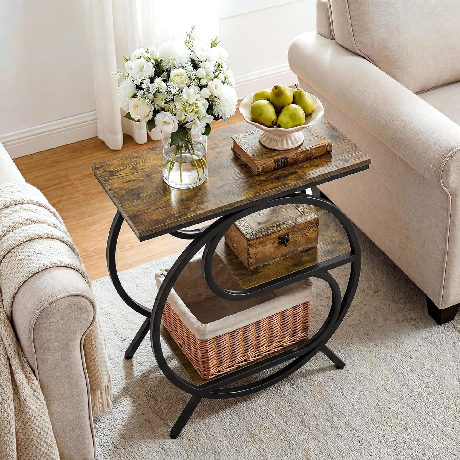 3-Tier End Table, Industrial Side Table for Living Room, Small Rectangle Nightstand for Bedroom (2PC, Rustic Brown & Black)