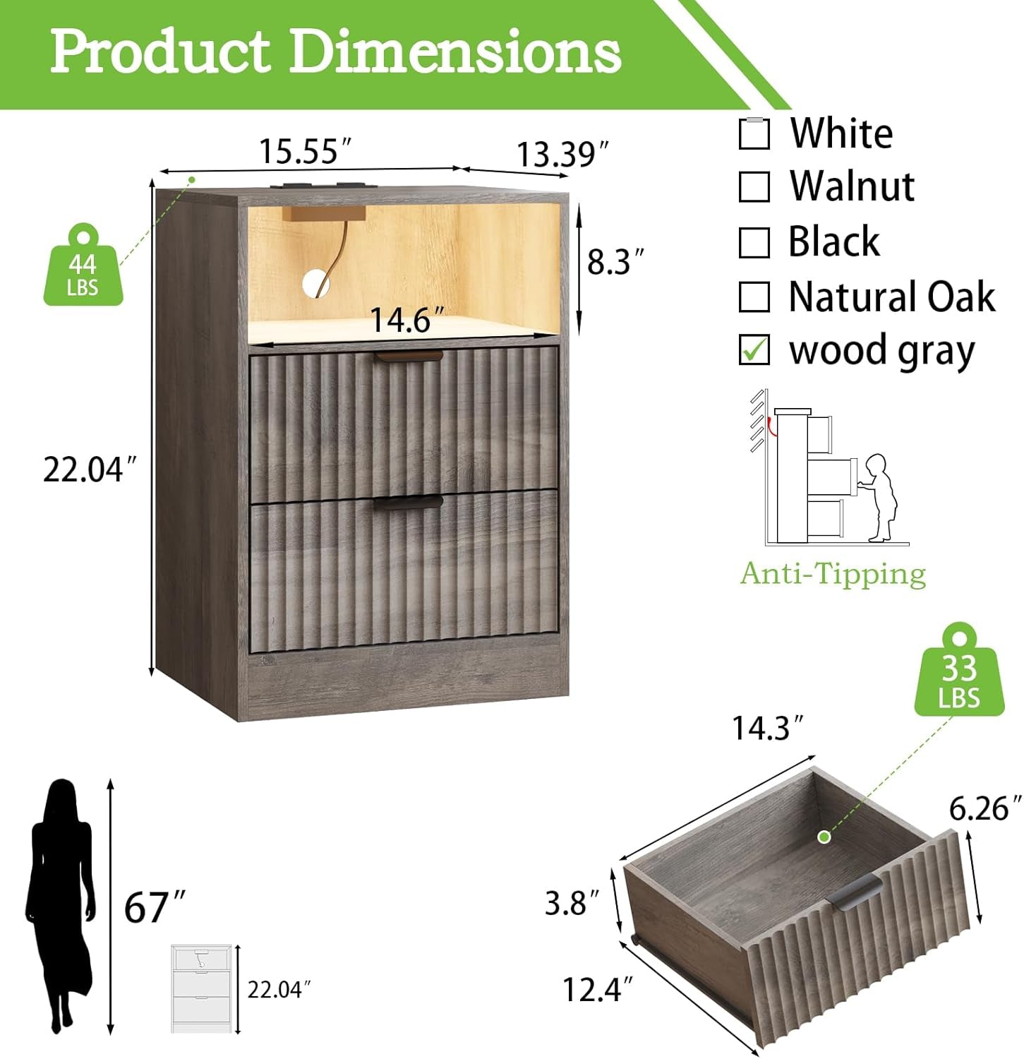 Night Stand Set 2, LED Night Stand with Charging Station, Wood Side Table, Fluted Nightstands with 2 Drawers, End & Bedside Tables for Bedroom Sofa Office, Wood Gray