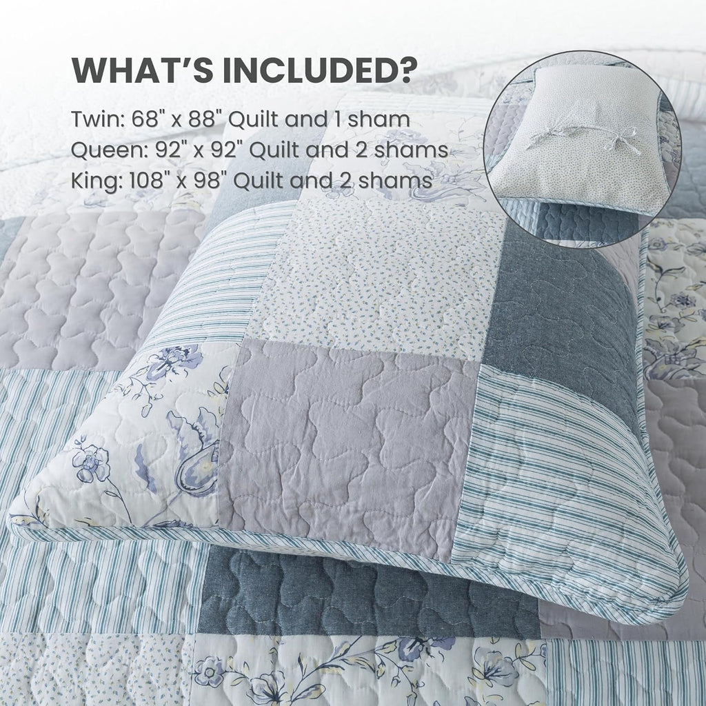 Coastal Dream Cotton Pieced Quilt Set - Twin Size with 1 Sham, Soft Purple & Blue Patchwork Quilted Bedspread, Farmhouse Country Style Bedding for All Seasons