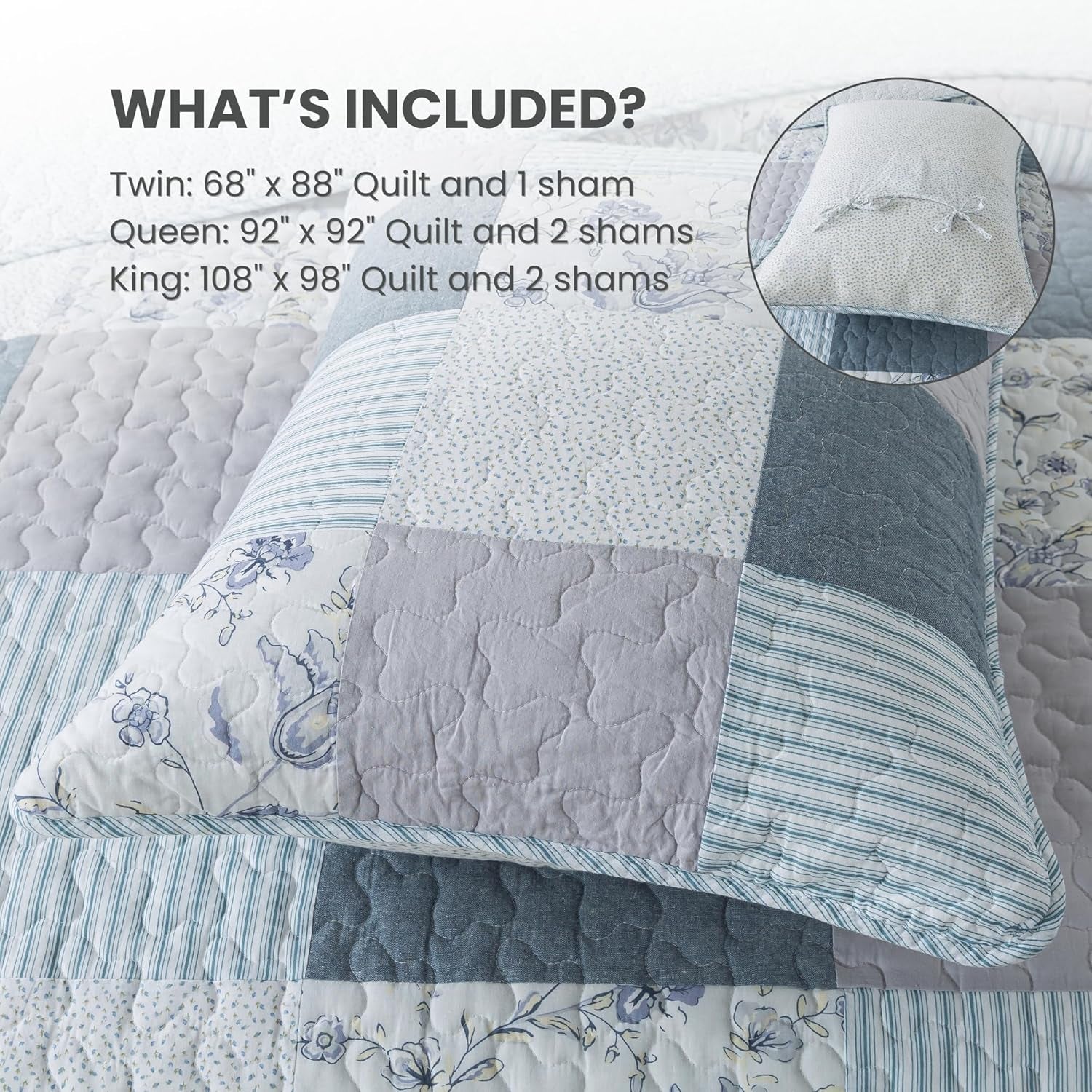 Coastal Dream Cotton Pieced Quilt Set - Twin Size with 1 Sham, Soft Purple & Blue Patchwork Quilted Bedspread, Farmhouse Country Style Bedding for All Seasons
