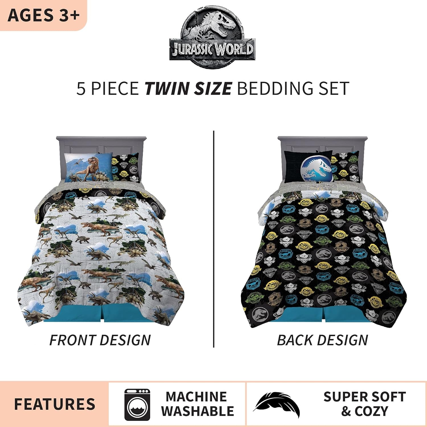 Kids Bedding Super Soft Comforter and Sheet Set with Sham, 5 Piece Twin Size, Jurassic World,6A1348