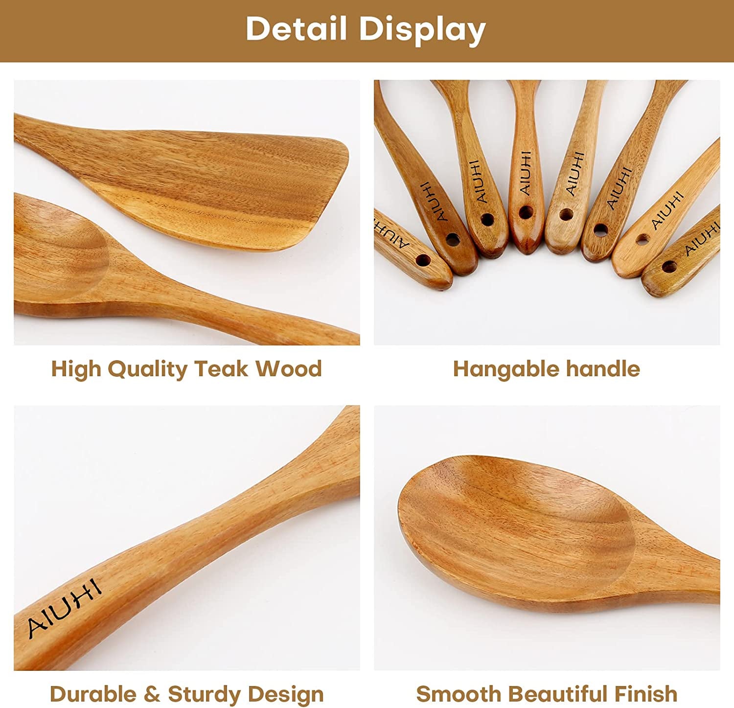 Wood Spoons for Cooking, Nonstick Kitchen Utensil Set, Wooden Spoons Cooking Utensil Set Non Scratch Natural Teak Wooden Utensils for Cooking (Teak 8 Pack)