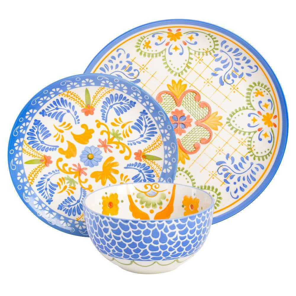 Tierra Tile 12-Piece round Stoneware Dinnerware Set in Blue Assorted Designs Service Set for 4