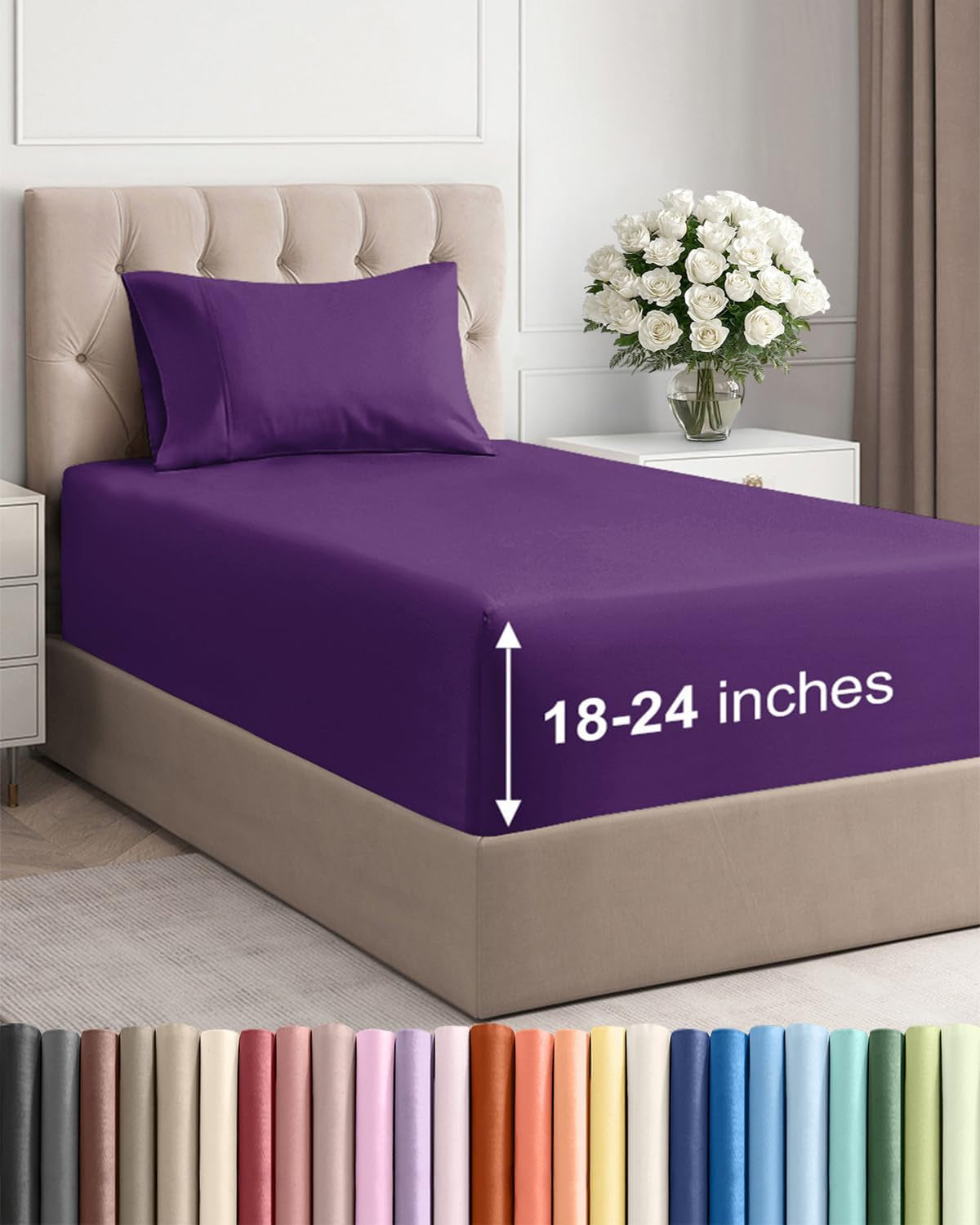 Extra Deep Pocket Twin Sheets - 3 Piece Breathable & Cooling Bed Sheets - Hotel Luxury Bed Sheet Set - Soft, Wrinkle Free & Comfy - Easily Fits Extra Deep Mattresses - Deep Pocket Purple Sheets Set