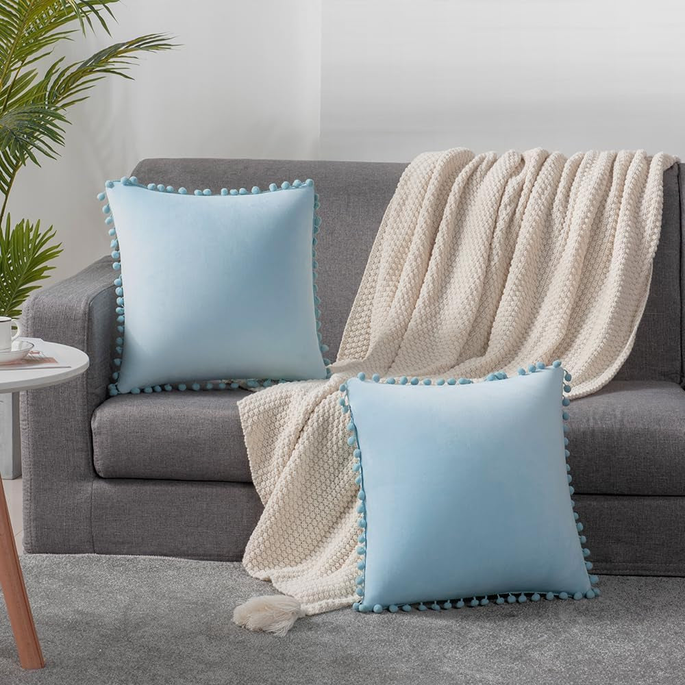 Throw Pillow Cases 20X20 Light-Blue: 2 Pack Cozy Soft Pom-Poms Velvet Square Decorative Pillow Covers for Farmhouse Home Decor