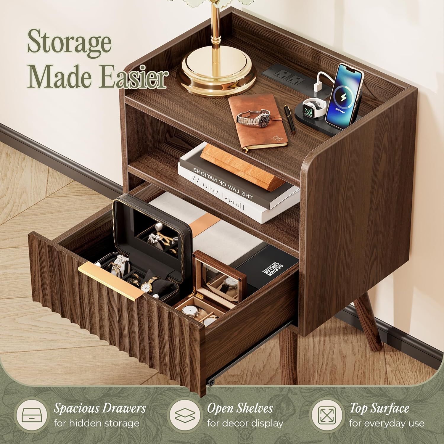 Nightstand with Charging Station, USB-C Port, Fluted Night Stand Set of 2, Bed Side Table with Drawer, Solid Wood Feet, Open Storage, End Table with Raised Edge, for Bedroom, Walnut