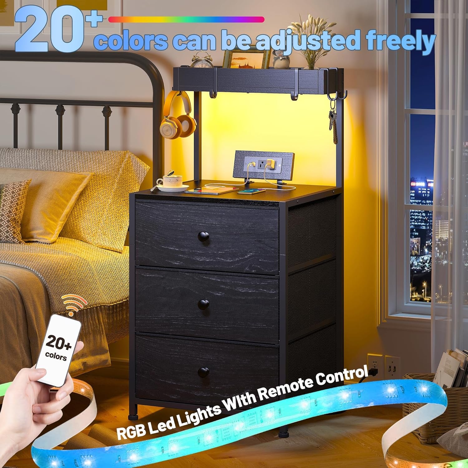 Nightstand with Charging Station and Led Night Stand with 3 Drawers, Bedside Table with Drawers and Outlets, Dorm Nightstand for Bedroom,Entryway, Hallway, Closet, 4 Hooks, Black