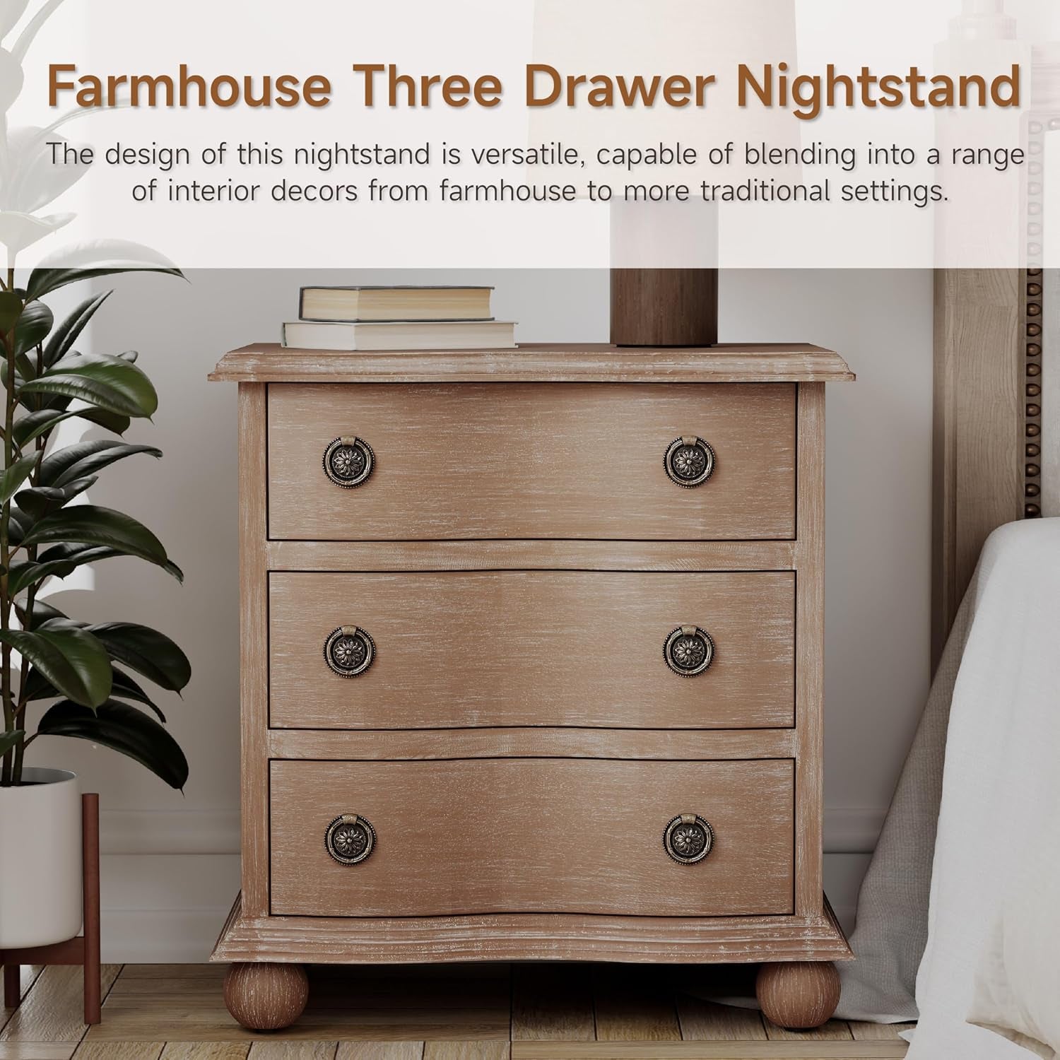 Farmhouse 3 Drawer Nightstand with Distressed Wood Finish, Rustic Vintage Small Dresser with Curved Front Design, Solid Pine Base for Bedroom, Almost Fully Assembly, Transitional, Brown