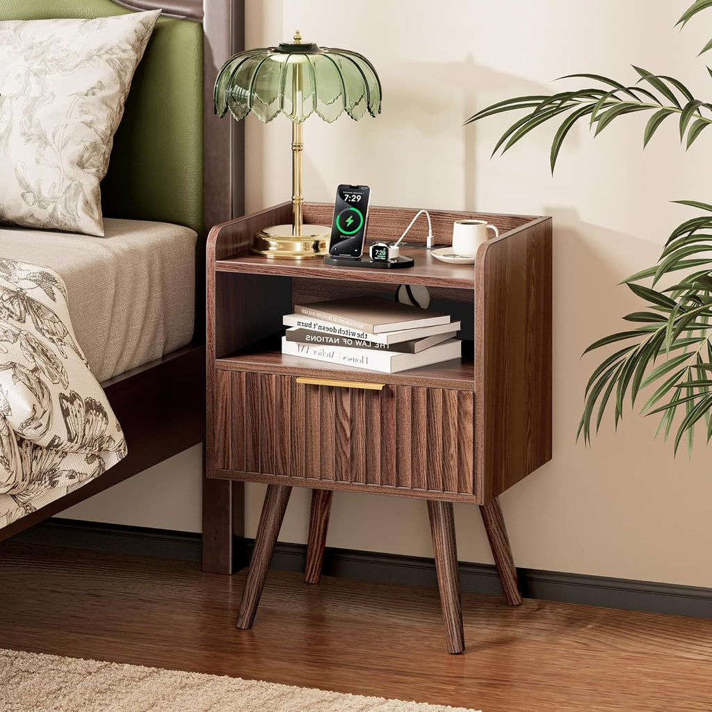 Nightstand with Charging Station, USB-C Port, Fluted Night Stand Set of 2, Bed Side Table with Drawer, Solid Wood Feet, Open Storage, End Table with Raised Edge, for Bedroom, Walnut