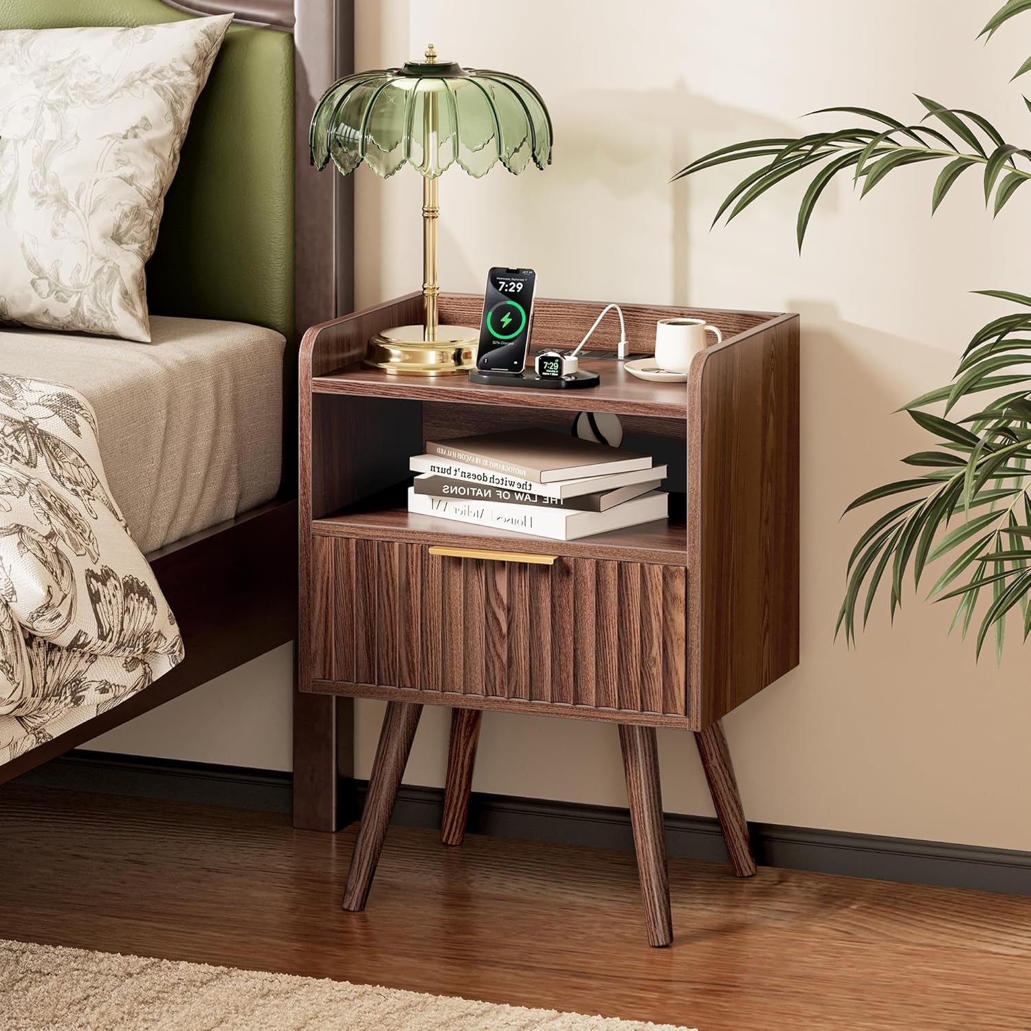 Nightstand with Charging Station, USB-C Port, Fluted Night Stand Set of 2, Bed Side Table with Drawer, Solid Wood Feet, Open Storage, End Table with Raised Edge, for Bedroom, Walnut