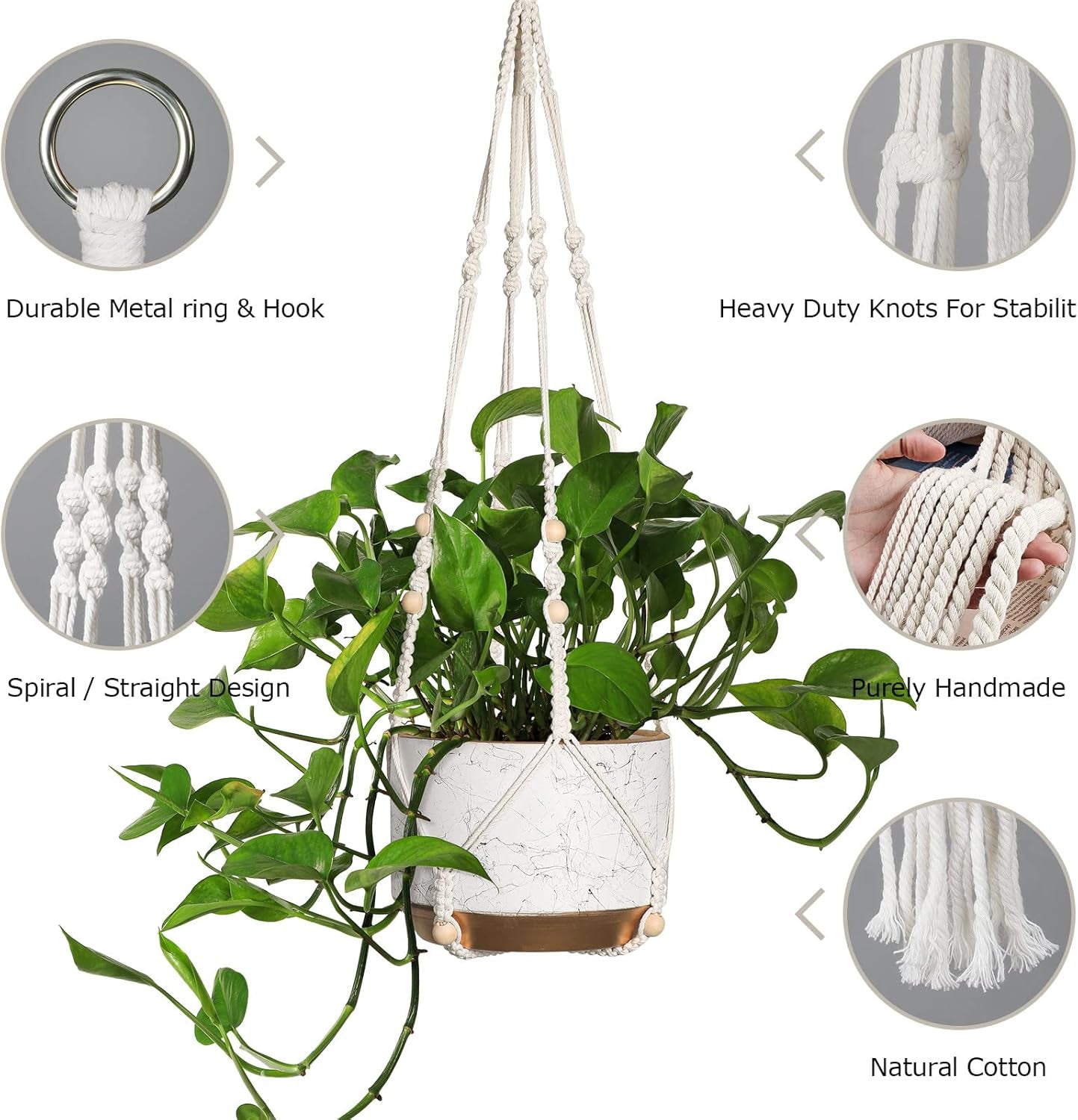 3 Pack Macrame Plant Hanger with 3 Hooks, Different Size Hanging Planters for Indoor Plants Holder for Boho Home Decor,Ivory