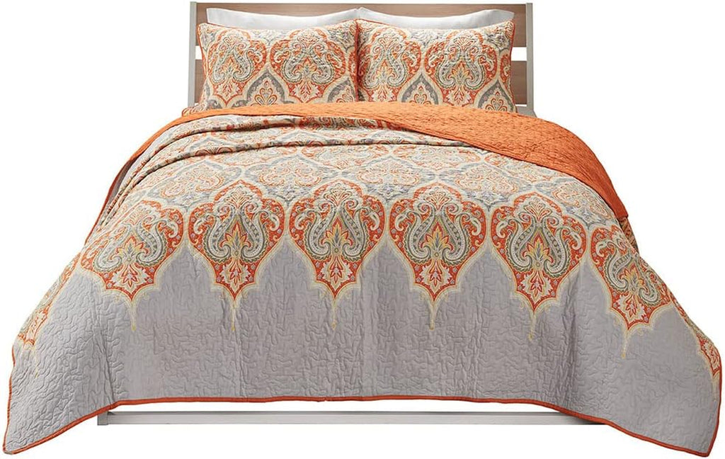 Quilt Set-Trendy Paisley Summer Cover, Cozy Coverlet Lightweight All Season Bedding Layer for Winter, Matching Shams, King/Cal King, Mona Paisley Orange